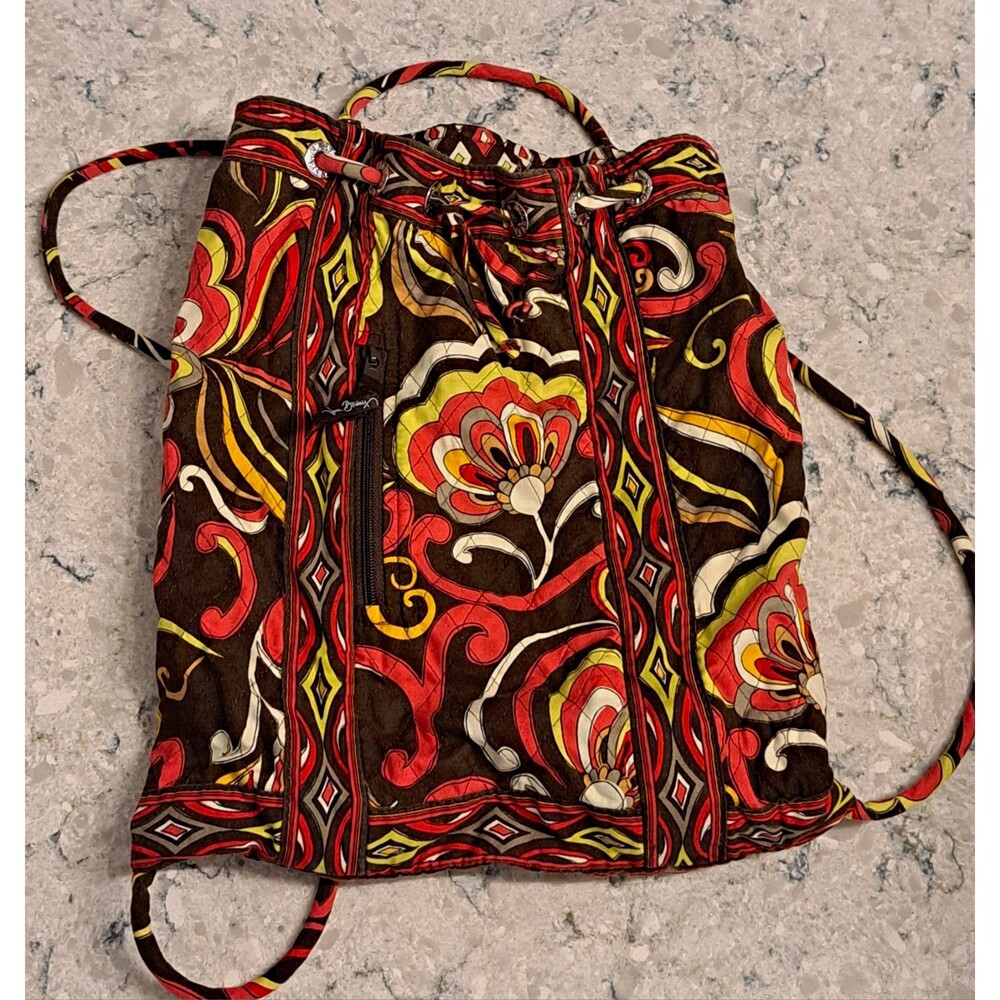 Vera Bradley Floral Quilted Bucket Bag Drawstring Zipper Brown Red Backpack